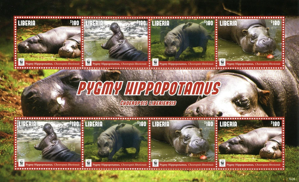 Estampillas de animales salvajes de Liberia 2016 MNH hipopótamo pigmeo WWF 8v M/S Foto 1 de 1