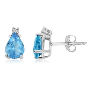 14k White Gold Pear Blue Topaz and Diamond Earrings - Picture 1 of 2