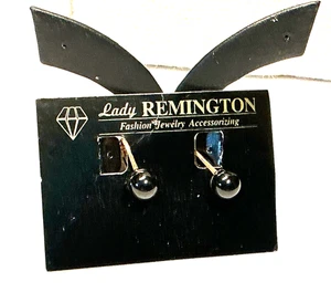 Lady Remington Earrings Black Plastic Clip On Gold Tone Lot 66B - Picture 1 of 3