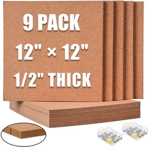 Cork Board 12x12 - 1/2 Thick Square Bulletin Boards 9 Pack Cork Tiles with 10... - Picture 1 of 7