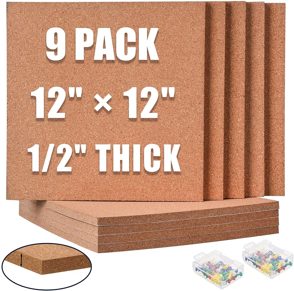 Cork Board 12x12 - 1/2 Thick Square Bulletin Boards 9 Pack Cork Tiles with 10... - Image 1 of 4