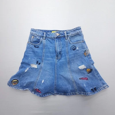Saia bordada Miss Sixty emoji tamanho XS (26 x 15,5") azul denim linha A mini - Imagem 1 de 4