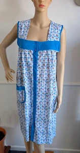 Vintage 60's 70's Blue Sleeveless Floral Cotton Housecoat House Dress UK L - Picture 1 of 4