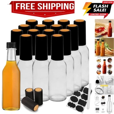 Hot Sauce Bottles with Black Caps, 16 pack 5oz empty glass bottles,woozy bott... - Image 1 of 4