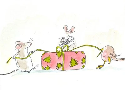 ACEO Original watercolor ink Painting Art MOUSE ,Christmas miniature art, signed - image 1 of 4