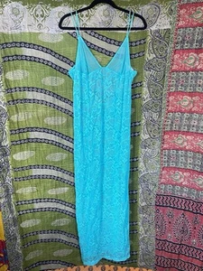 Y2K Victoria's Secret Turquoise Butterfly Mesh Maxi Dress Size Extra Large - Picture 1 of 16