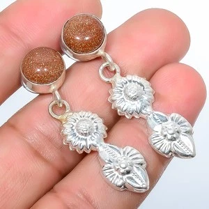 Посеребренные ювелирные серьги с золотым солнечным камнем 1,76 дюйма TE7507-1095 - Изображение 1 из 3