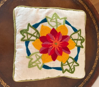 Vintage Hand Embroidered Floral Throw Pillow with Satin Back - Image 1 of 4