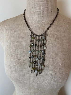 Cadena Tono Bronce con Piedras de Cristal Corte Verde y Azul Collar Babero 19" Largo Foto 1 de 3
