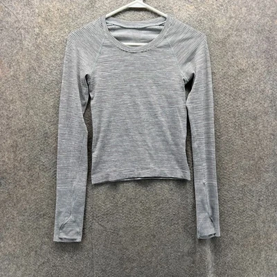 Camisa Lululemon Mujer 0 Gris Manga Larga Cuello Redondo Calce Atlético Rayas Entrenamiento Foto 1 de 4