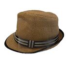 D&Y Fedora Hat Brown With Black And White Striped  Ribbon One Size