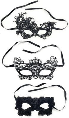 3 Black Lace Face Eye Mask Masquerade Ball Gothic Halloween Costume Party Set UK - Image 1 of 4