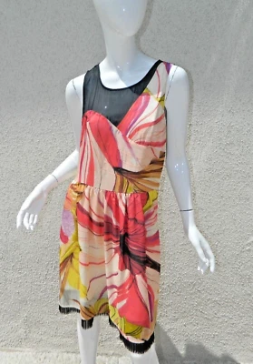 Vestido Hype Talla 10 Rosa Negro Seda Acuarela Sin Mangas Espalda Transparente Foto 1 de 4