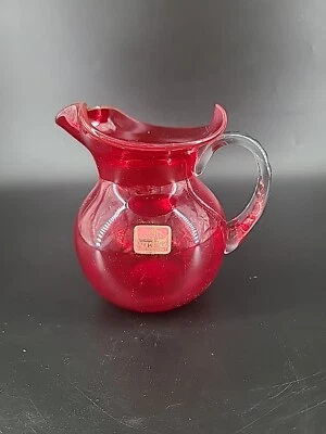 Viking Ruby Red Pitcher 5 Inch Clear Glass Handle  Original Sticker - Image 1 of 4