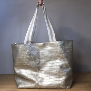 Saks Fifth Avenue Silver Faux Croc Leather Tote Bag Purse Travel Shopper 19×12" - Picture 1 of 10