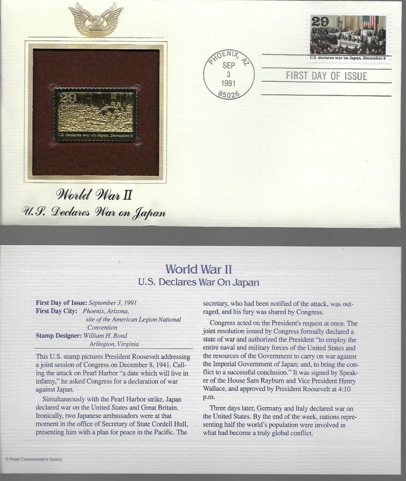 World War II--US Declares War on Japan-1st day issue-Golden Replica - Image 1 of 1