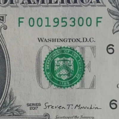 One Dollar Bill Fancy Serial Number 1953 Year Note 0's Bookends  F00195300F - Image 1 of 3