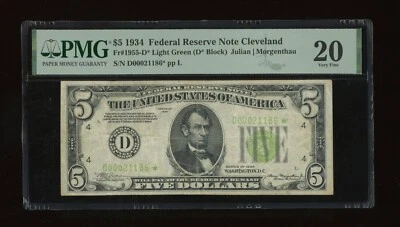 DBR 1934 $5 LGS FRN Cleveland STAR Fr. 1955-Dlgs* PMG VF-20 Serial D00021186* - Image 1 of 2