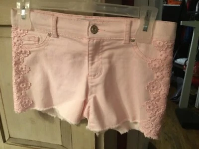 Pantalones Cortos de Denim Jordache Lavado a Piedra Dobladillo Crudo Acento de Encaje Rosa Niñas Talla 12 Foto 1 de 4