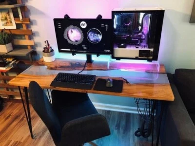 Smokey Grey Epoxy Counter Desk, Live Edge Office & Study Table Furniture Decor - Image 1 of 4