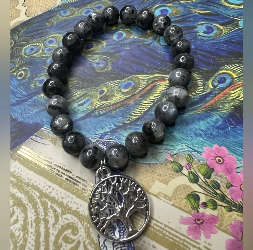 Handmade Black Labradorite Beaded Stretchy Bracelet With Tree Of Life Charm  - Image 1 of 1