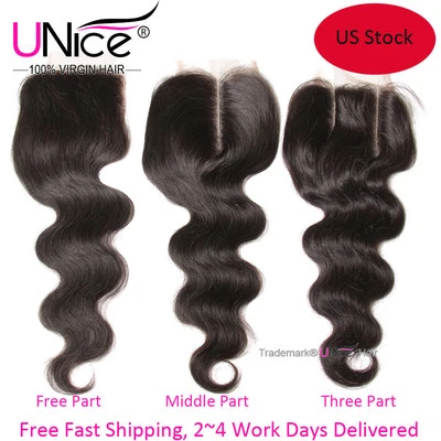 Cierre de encaje de cabello humano ondulado corporal brasileño UNICE 10"~20" libre/medio/tres partes Foto 1 de 4