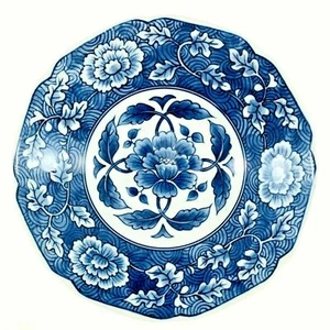 Japanische blau und weiß Botan Pfingstrose Porzellan flache Salatschüssel 7,5" B x 2" H - Bild 1 von 12