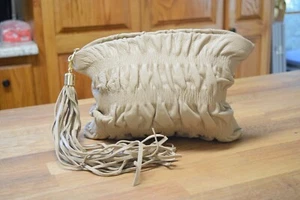 Jenny Bird Clutch Purse Bag Beige Ruched Leather w Tassel - Picture 1 of 7