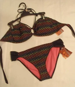 Joe Boxer Juniors L Swim Halter Top M Bikini Swimsuit Panty NWT Black Print - Picture 1 of 3