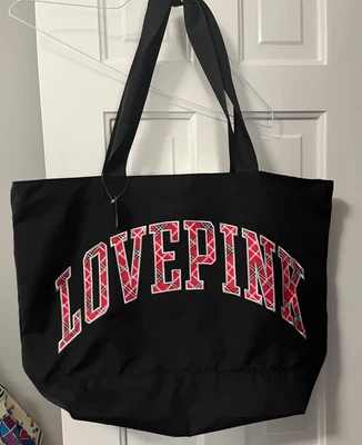 Bolso de Mano Victoria Secret Love Rosa Negro Lona con Letras Rojas a Cuadros Nuevo con Etiquetas Foto 1 de 3