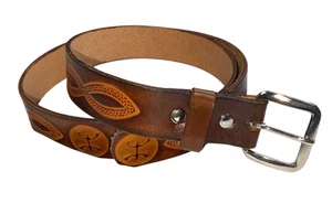 Womens Embossed Leather Belt Brown Figural Design 39" Boho Western Country Style - Picture 1 of 9
