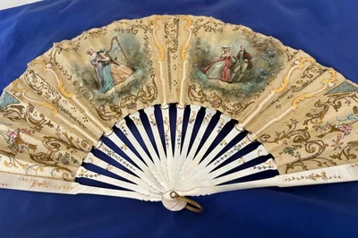 Victorian French Hand Fan Eventail Romantic Hand-Painted Sign Couturiere w/ Box - Image 1 of 4
