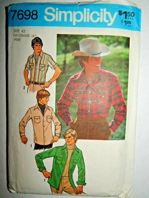 Simplicity 7698 Shirt Western Rodeo Sewing Pattern Mens 42 16 CUT Snap VTG Retro - Image 1 of 4