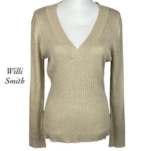 Willi Smith Gold Metallic Plunge V Neck Long Sleeve Sweater NWT Size L - Picture 1 of 11