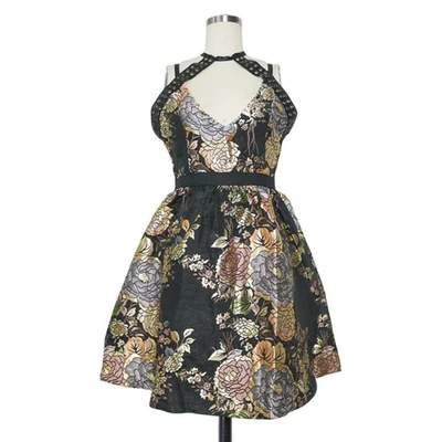 Rare London Metallic Floral Jacquard Halter Neck Dress with Grommet Detailing - Image 1 of 4