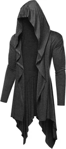 Long Hooded Cardigan Ruffle Shawl Collar Open Front Lightweight Drape Cape Overc - Picture 1 of 12