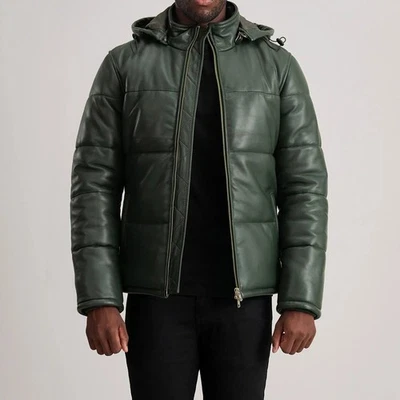 Men’s Moto Style Genuine Hooded Leather Puffer Jacket - Black, Tan & Green - Image 1 of 4