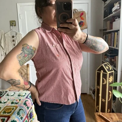 Camisa vintage roja de guinga sin mangas con botones talla L años 90 estilo picnic occidental Foto 1 de 4