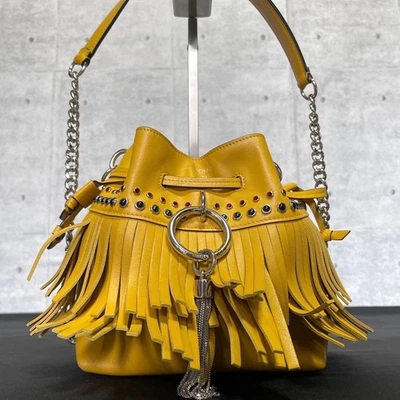 Auténtico Bolso de Hombro Jimmy Choo Carrie Cuero Amarillo Flecos Plateado Usado Foto 1 de 4