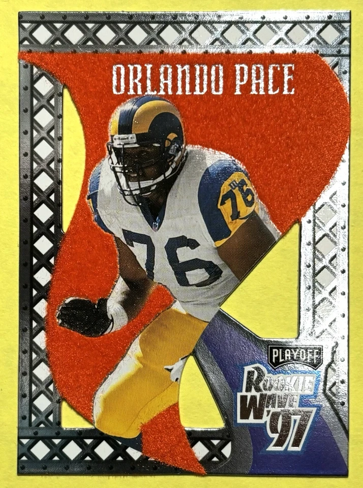 1997 Contenders Orlando Pace ROOKIE WAVE ORANGE FELT DIE CUT card #27 Rams - Image 1 of 2