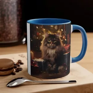 Tazza da caffè colorata 11 once gatto tabby a pelo lungo che celebra il Natale vigilia di Natale - Foto 1 di 21
