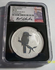 2005 Australia Kookaburra NGC MS 70 1 oz argento NERO nucleo firmato Ed Harbuz - Foto 1 di 1