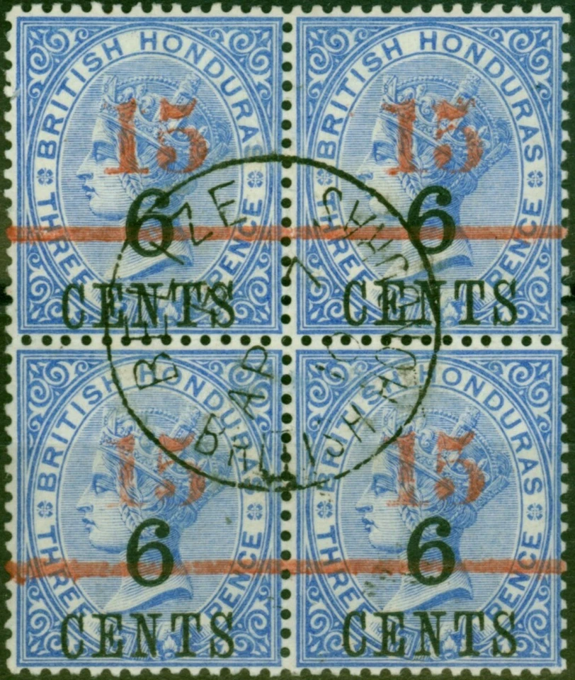 Honduras Británica 1891 15c en 6c en 3d Ultramarine SG50 Excelente Bloque Usado de 4 Foto 1 de 1