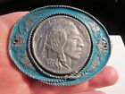 INDIAN HEAD NICKEL THEME BELT BUCKLE  GREEN LACQUER ACCENT- GW-9