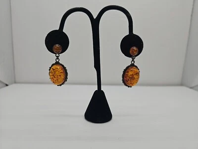 Hermosos pendientes colgantes artesanales ornamentados de plata de ley 925 ámbar 8,1 g Foto 1 de 4