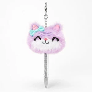 Claire’s Pom Pom Plush Kitty Mini Keychain Pen - Purple Glitter - Picture 1 of 1