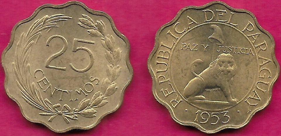 PARAGUAY 25 CENTIMOS 1953 UNC 1 YEAR TYPE,SEATED LION WITH LIBERTY CAP ON POLE,V - Image 1 of 1