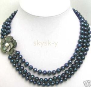 3 Rows 6-7mm Natural Black Pearl Necklace 17-19'' Shell Flower Clasp