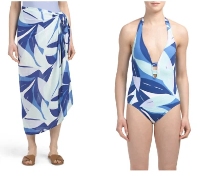 Set La Blanca One Piece Palm Swimsuit 14 & Sarong Cover Up Pareo Tummy Control - Imagem 1 de 4