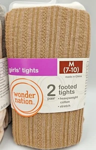 New Pack Of 2 Wonder Nation Girls Footed Tights M 7-10  Brown & White - Picture 1 of 6